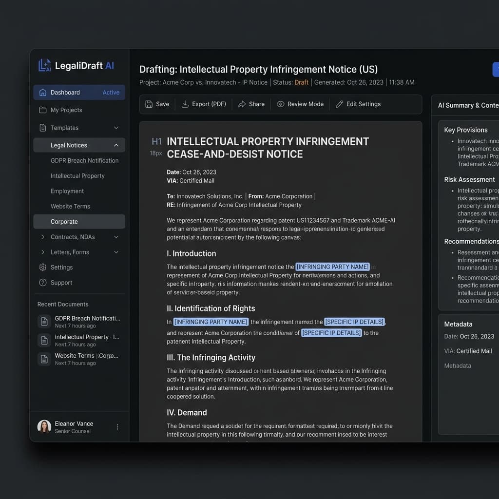 DocuVerse AI Legal Document Generator Dashboard Interface